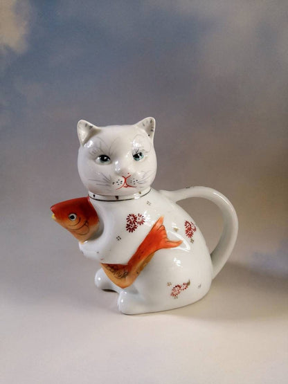 Vintage 70's Small Lucky Cat Teapot with Goldfish