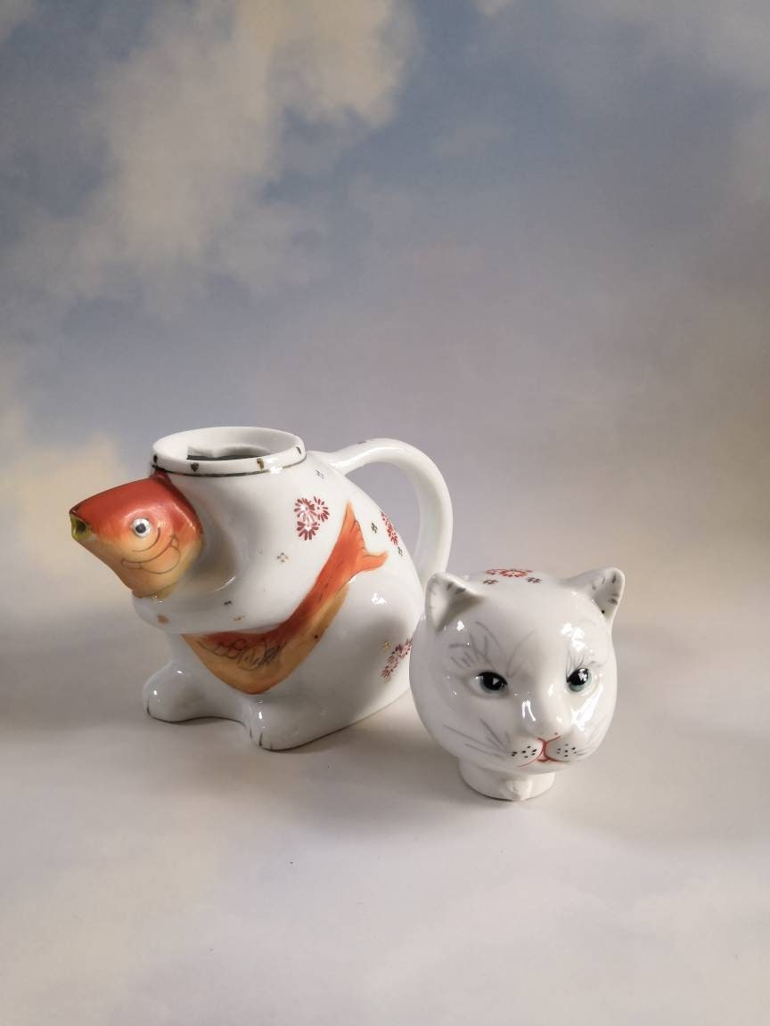 Vintage 70's Small Lucky Cat Teapot with Goldfish