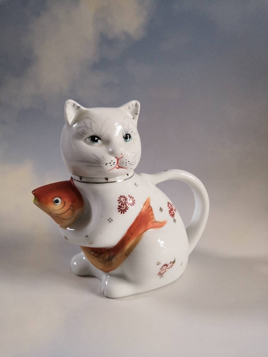 Vintage 70's Small Lucky Cat Teapot with Goldfish