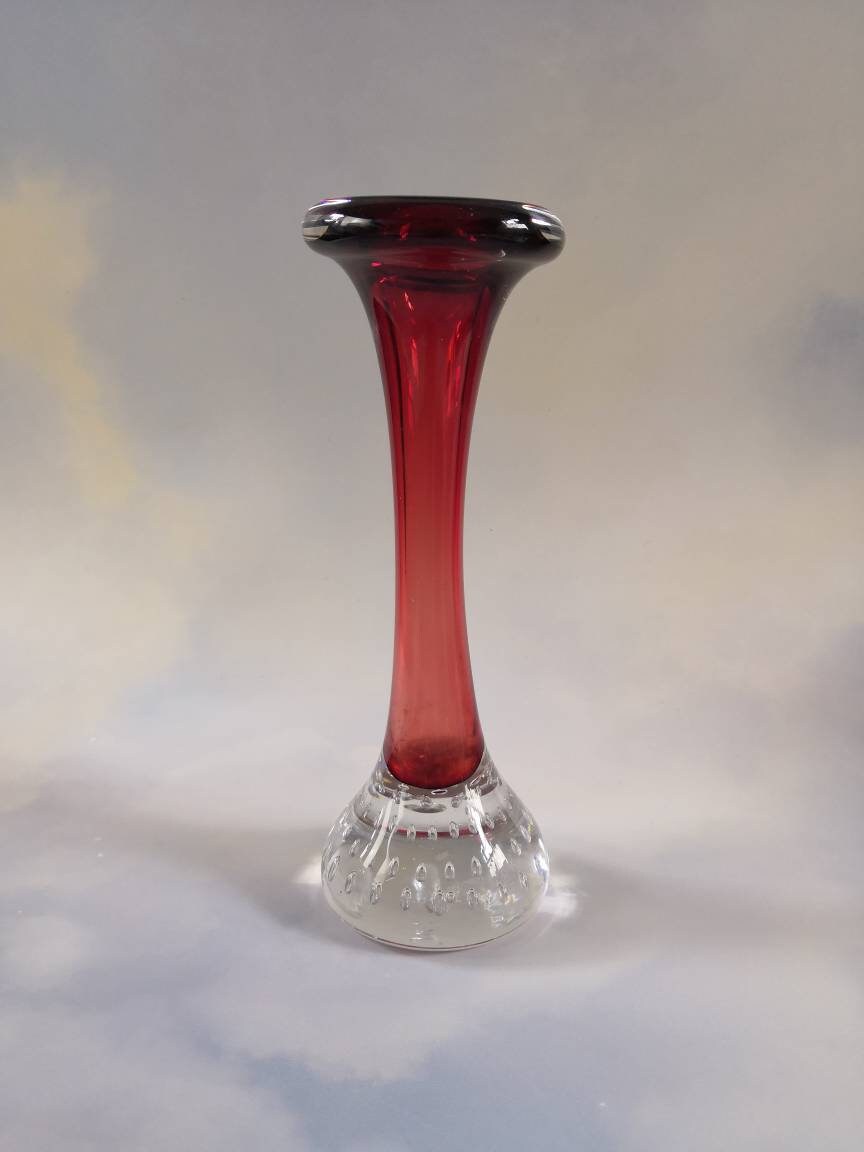 Vintage Red Aseda Glasburk Sweden Glass Bubble Bud Vase