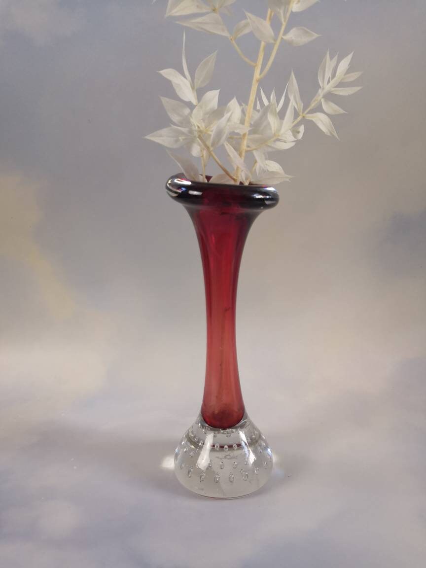 Vintage Red Aseda Glasburk Sweden Glass Bubble Bud Vase