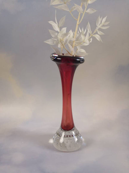 Vintage Red Aseda Glasburk Sweden Glass Bubble Bud Vase
