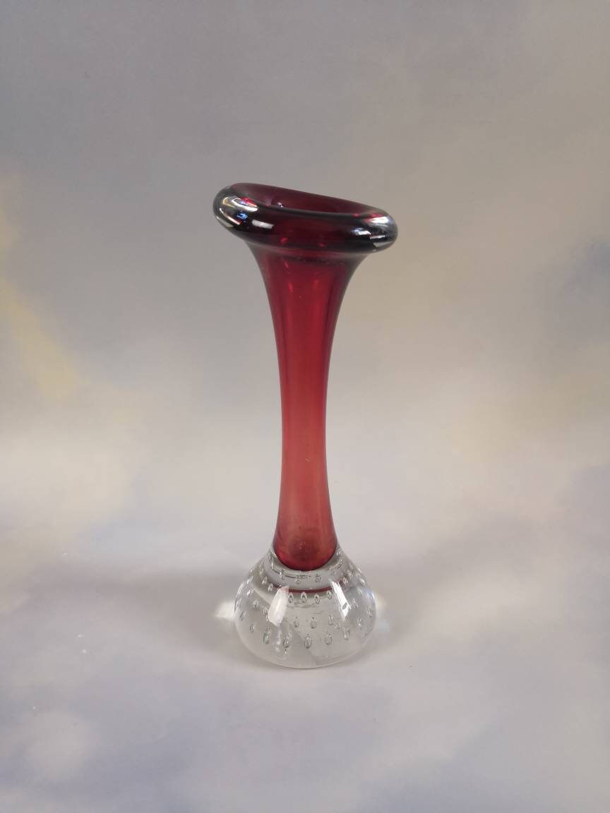 Vintage Red Aseda Glasburk Sweden Glass Bubble Bud Vase