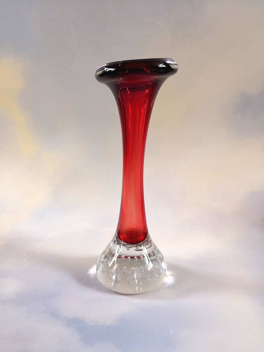 Vintage Red Aseda Glasburk Sweden Glass Bubble Bud Vase