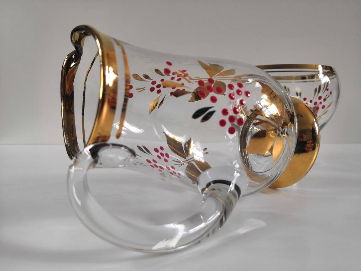 Vintage Romanian Painted Glass Milk Jug and Sugar Bowl