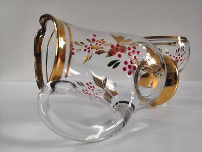 Vintage Romanian Painted Glass Milk Jug and Sugar Bowl