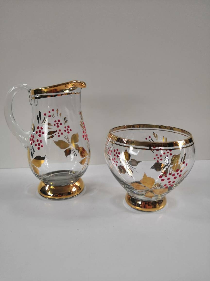Vintage Romanian Painted Glass Milk Jug and Sugar Bowl