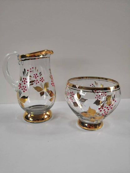Vintage Romanian Painted Glass Milk Jug and Sugar Bowl