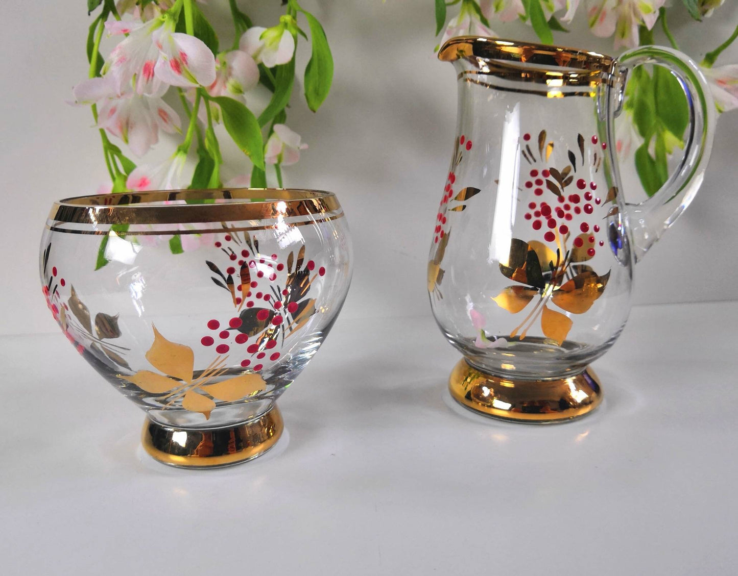 Vintage Romanian Painted Glass Milk Jug and Sugar Bowl
