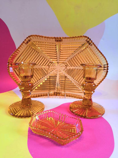 Beautiful Vintage Amber Art Deco Glass Dressing Table set