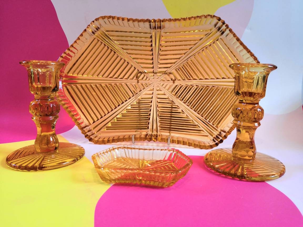 Beautiful Vintage Amber Art Deco Glass Dressing Table set