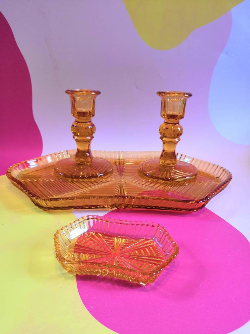 Beautiful Vintage Amber Art Deco Glass Dressing Table set