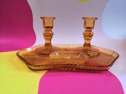 Beautiful Vintage Amber Art Deco Glass Dressing Table set