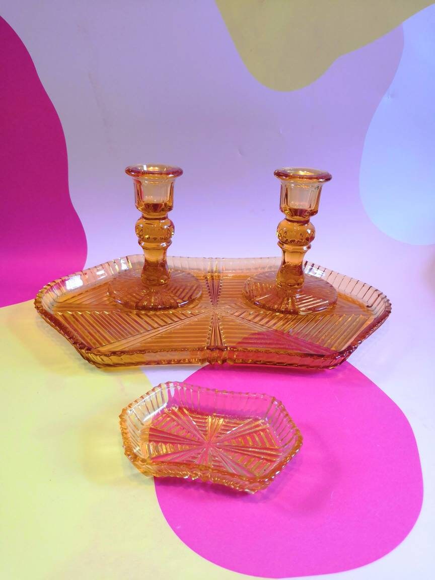 Beautiful Vintage Amber Art Deco Glass Dressing Table set