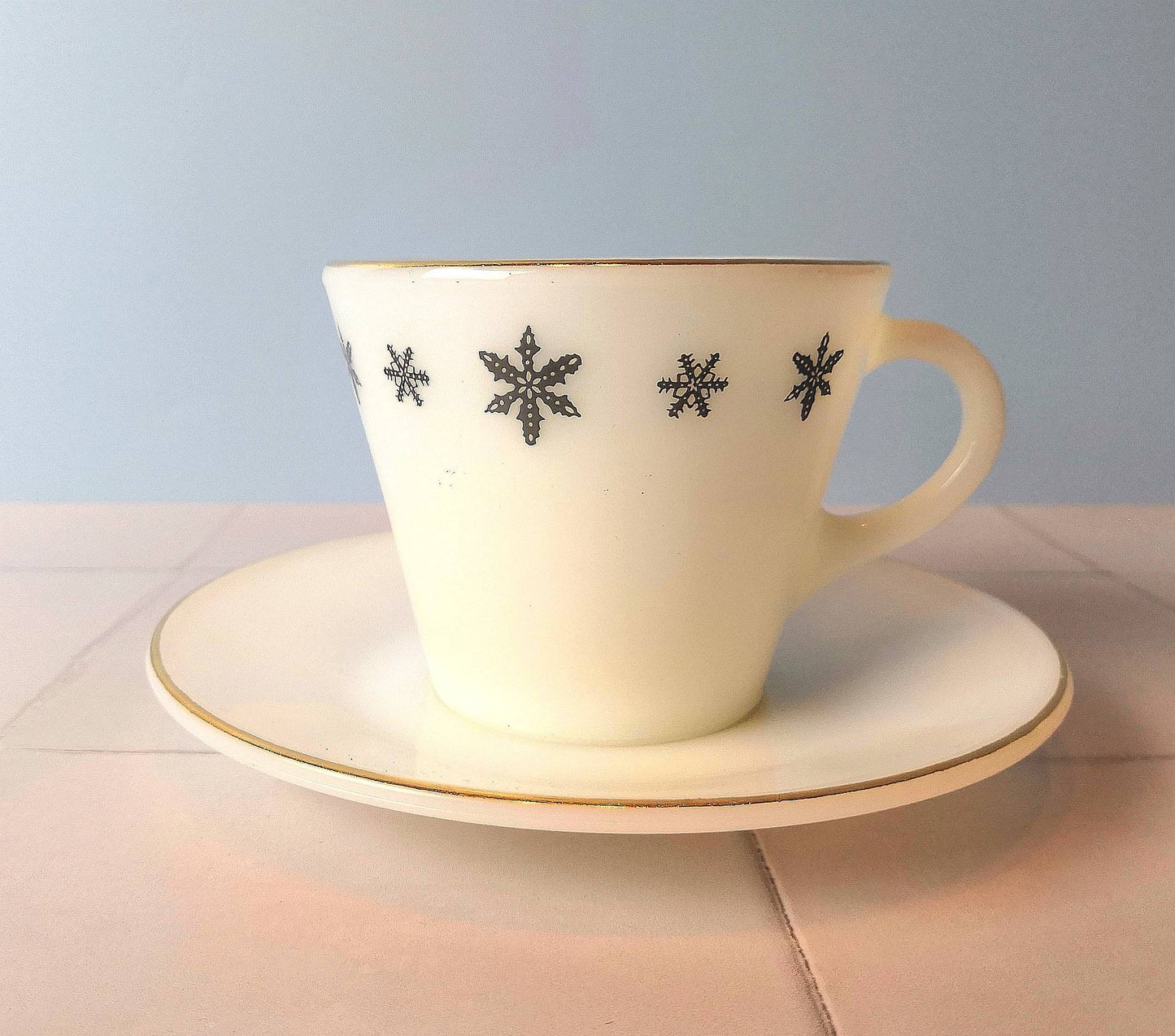 JAJ Pyrex Snowflake Gaiety Design Cup and Saucer
