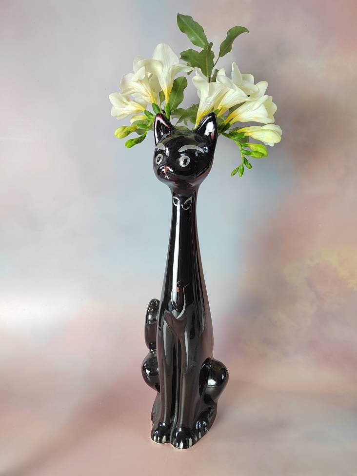 Tall Mid Century Black Cat Vase