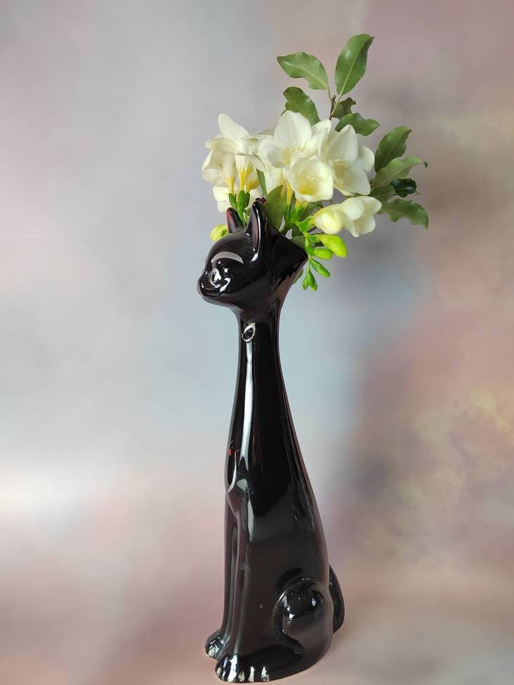 Tall Mid Century Black Cat Vase