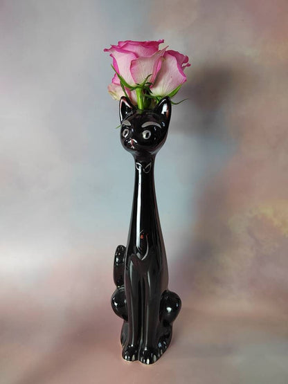 Tall Mid Century Black Cat Vase