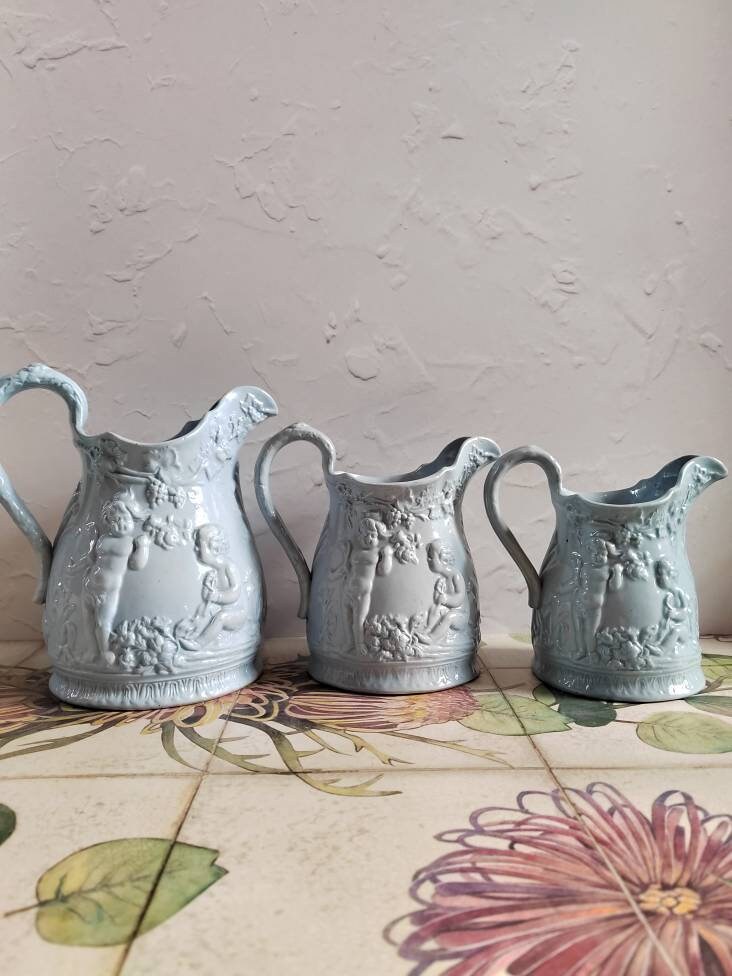 Set of 3 Cherub Design Antique Jugs/ Ironstone style grey pottery jugs/ vases