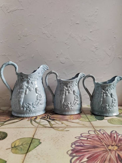 Set of 3 Cherub Design Antique Jugs/ Ironstone style grey pottery jugs/ vases