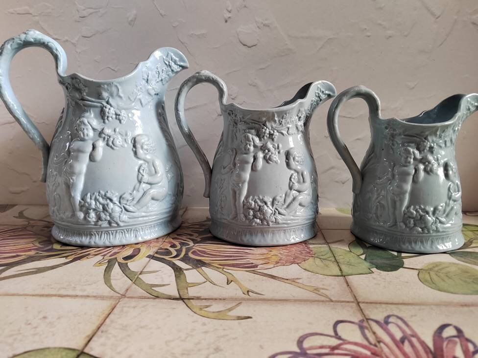 Set of 3 Cherub Design Antique Jugs/ Ironstone style grey pottery jugs/ vases