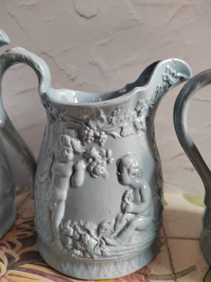 Set of 3 Cherub Design Antique Jugs/ Ironstone style grey pottery jugs/ vases