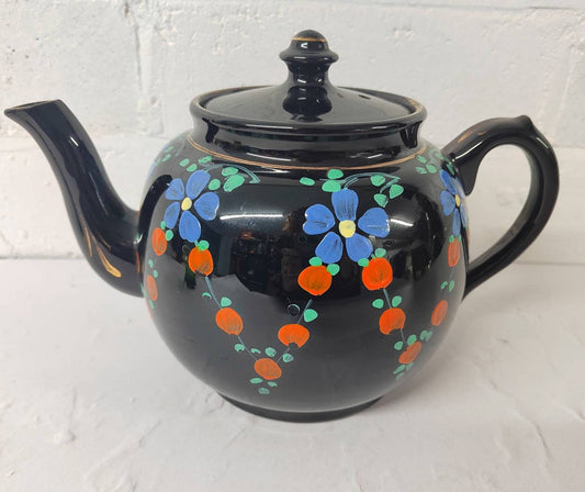 Vintage Black and Gold Floral handpainted Teapot