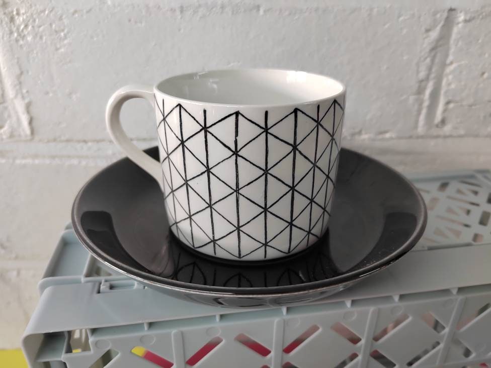 Rorstrand Venezia Mid-Century Modern Cup & Saucer by Hertha Bengtsson / Vintage Black and White Coffee or Tea Cup