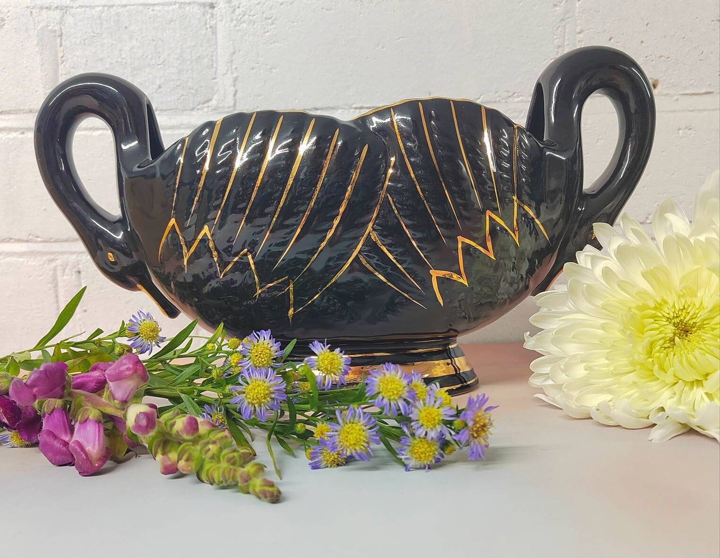 Black and Gold Vintage Swan Mantle Vase