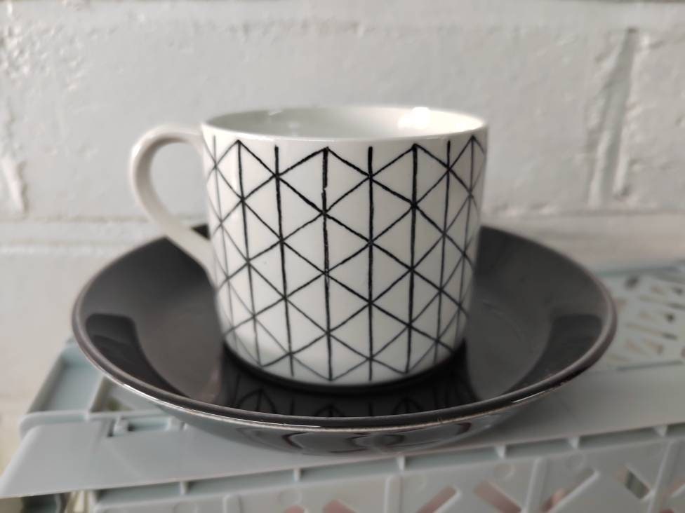 Rorstrand Venezia Mid-Century Modern Cup & Saucer by Hertha Bengtsson / Vintage Black and White Coffee or Tea Cup