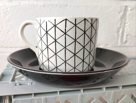 Rorstrand Venezia Mid-Century Modern Cup & Saucer by Hertha Bengtsson / Vintage Black and White Coffee or Tea Cup