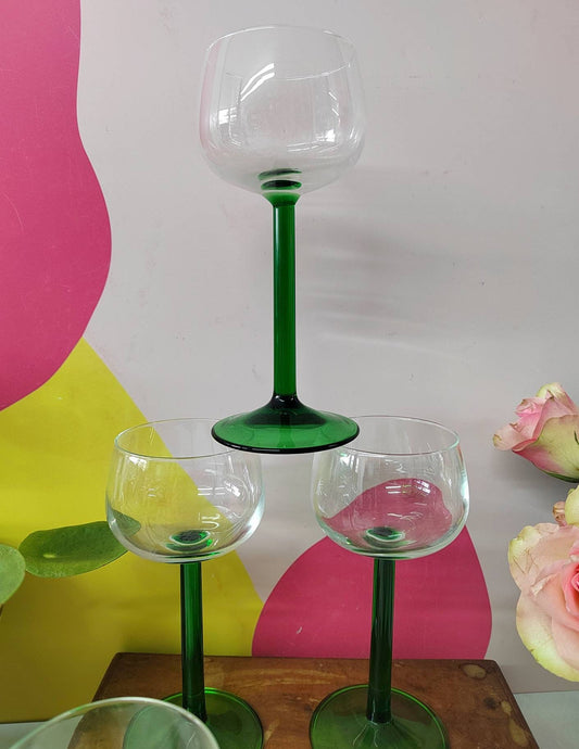 Set of 6 Vintage French Luminarc green stemmed wine glasses