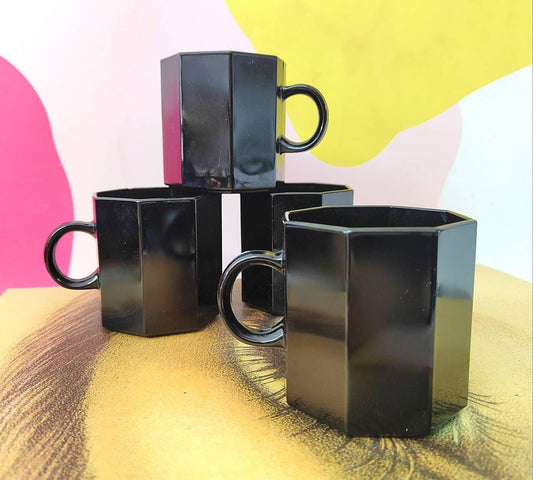 Set of 4 Octagonal Vintage French Black Glass Mugs