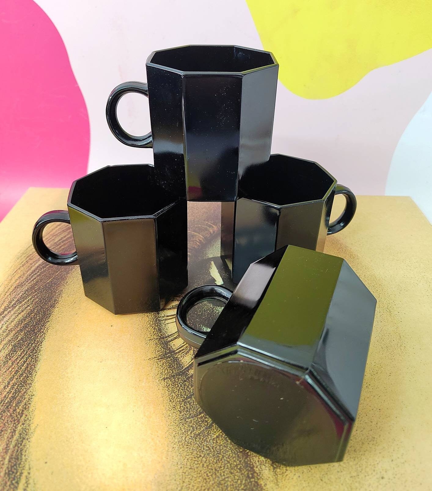 Set of 4 Octagonal Vintage French Black Glass Mugs