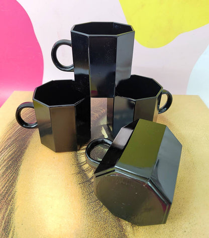 Set of 4 Octagonal Vintage French Black Glass Mugs