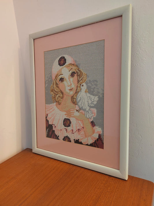 Vintage Pierrot Girl Framed Embroidery Art