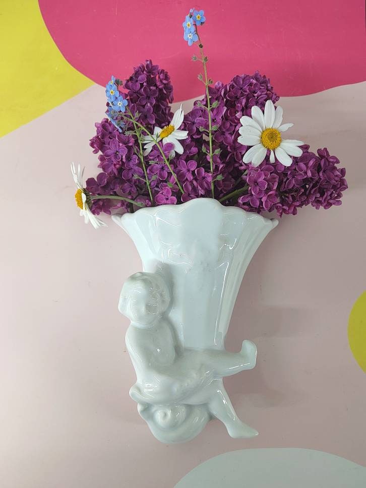Vintage Ceramic Cherub Wall Pocket