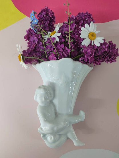Vintage Ceramic Cherub Wall Pocket