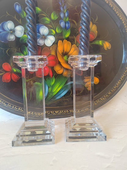 Vintage Czechoslovakian Bohemian Glass Heavy Pillar Crystal Candle Holders
