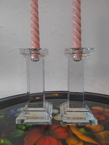 Vintage Czechoslovakian Bohemian Glass Heavy Pillar Crystal Candle Holders