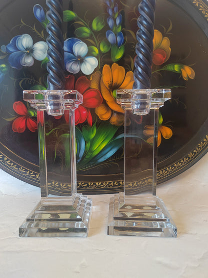 Vintage Czechoslovakian Bohemian Glass Heavy Pillar Crystal Candle Holders