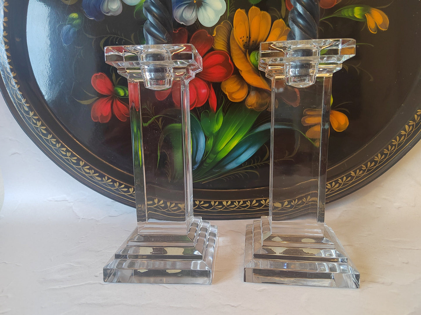 Vintage Czechoslovakian Bohemian Glass Heavy Pillar Crystal Candle Holders