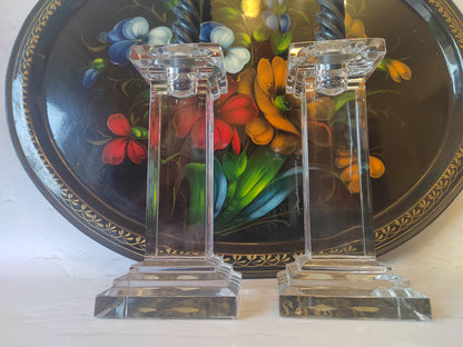 Vintage Czechoslovakian Bohemian Glass Heavy Pillar Crystal Candle Holders
